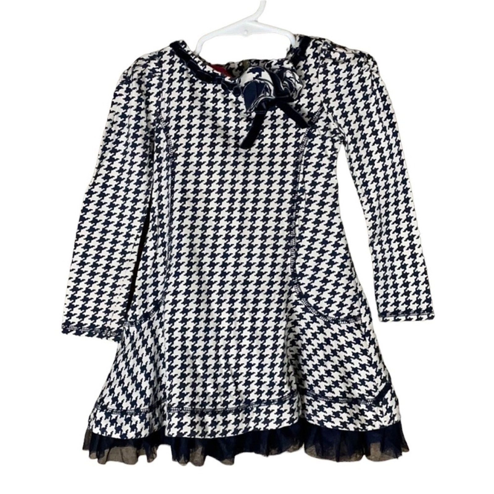 Kate Mack Long Sleeve Dress Tulle Trim White Navy Blue Houndstooth Sz 2t